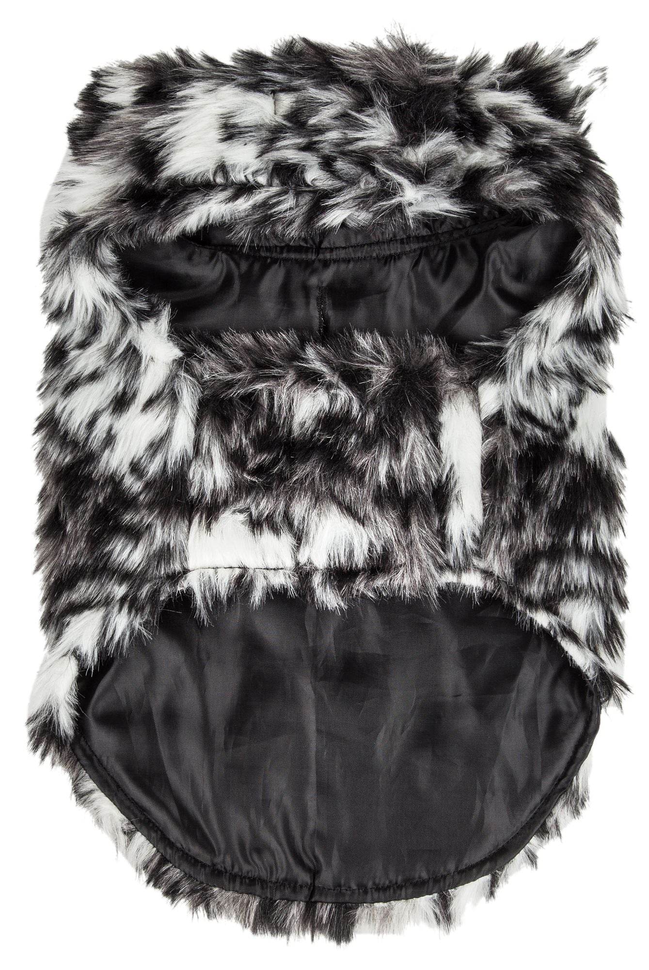 Purrfect Pet Kingdom black and white faux fur coat premium pet apparel for dogs with soft lining