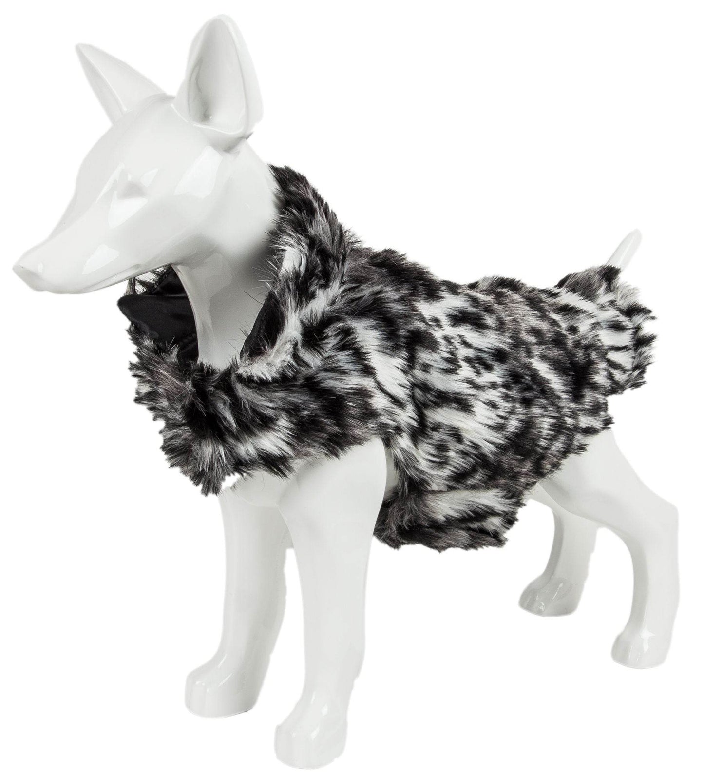 Black and white faux fur dog coat on mannequin showcasing premium pet apparel for dogs