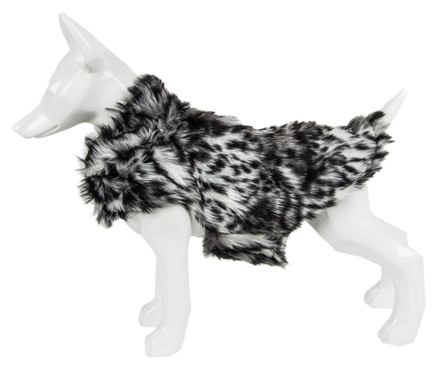 Black and white faux fur dog coat from Purrfect Pet Kingdom premium pet apparel for dogs