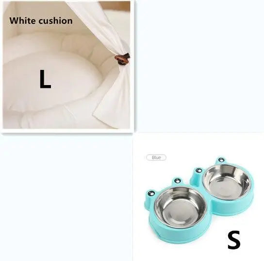 White cushion and blue double stainless steel bowls for premium wooden pet hideaway dog house