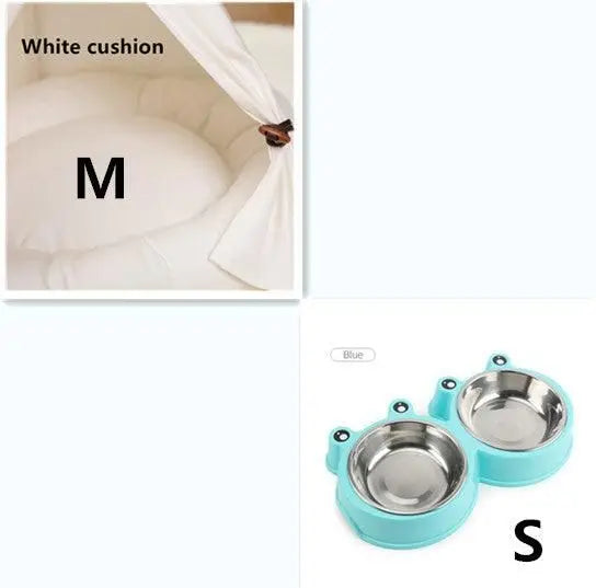 White cushion and blue stainless steel bowls for premium wooden pet hideaway by Purrfect Pet Kingdom