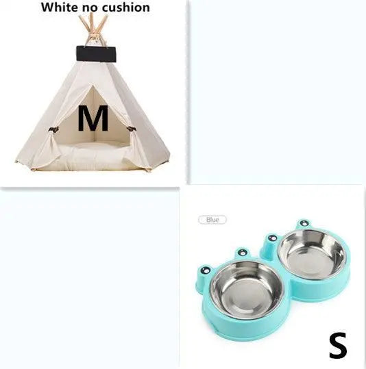 Purrfect Pet Kingdom white fabric teepee medium size and blue double stainless steel pet bowls with frog design small size