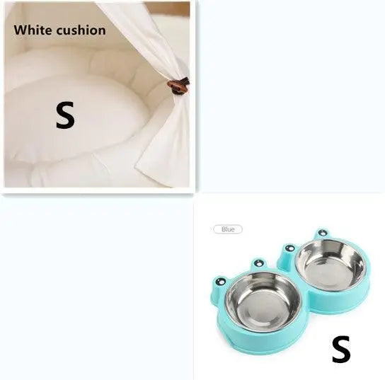 Small white cushion and blue double stainless steel bowl for premium wooden pet hideaway