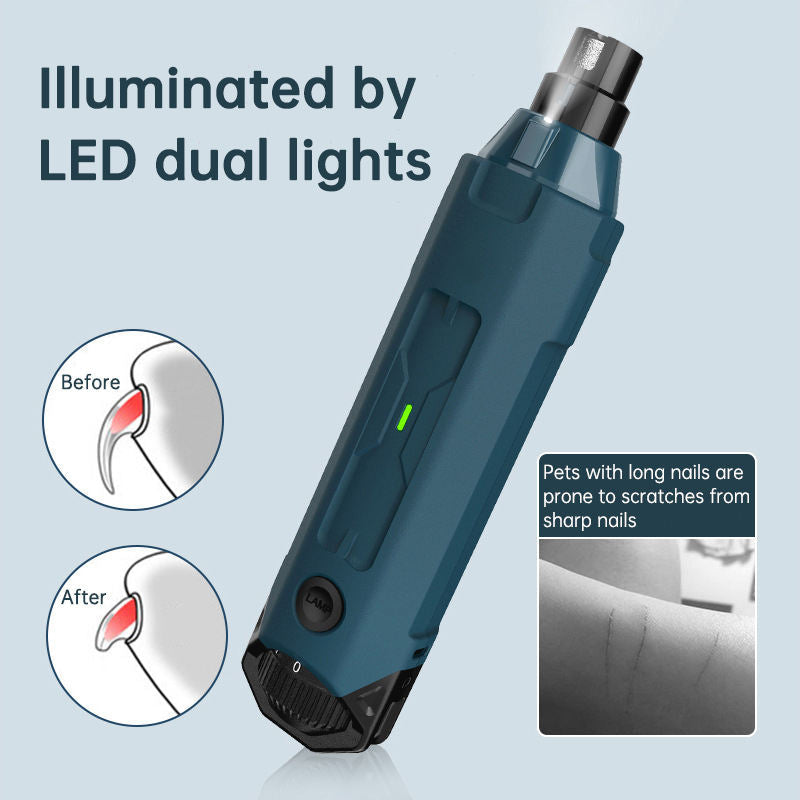 Quiet nail grinder for pets with LED dual lights for safe and effective grooming