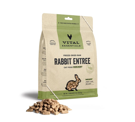 Rabbit Mini Nibs Cat Food by Vital Essentials in a 12 oz bag, from Purrfect Pet Kingdom®, perfect for your feline friend.