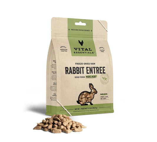 Rabbit Mini Nibs Dog Food by Vital Essentials in a 5.5 oz bag, featuring freeze-dried rabbit, from Purrfect Pet Kingdom®.