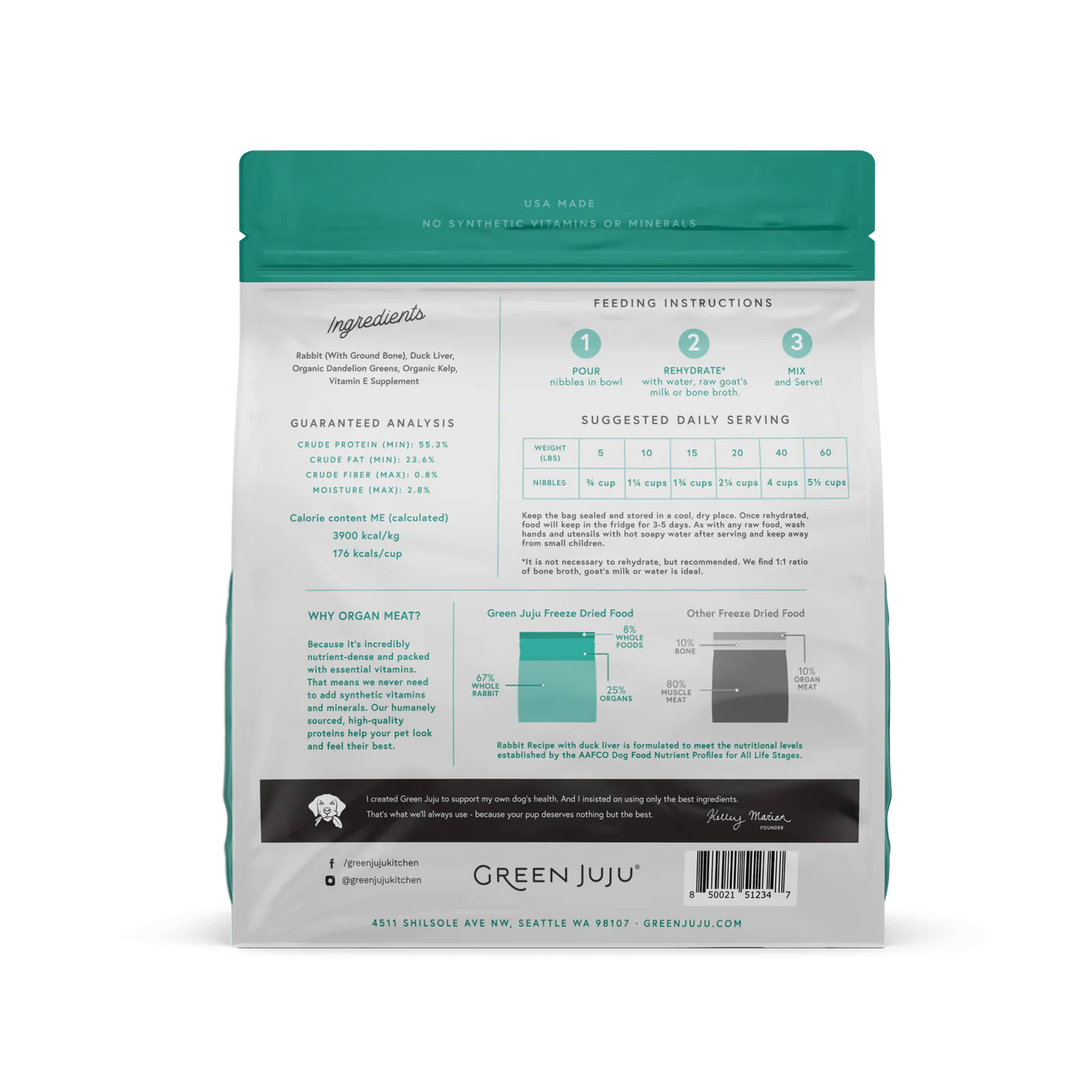 Green Juju Rabbit Recipe With Duck Liver Freeze Dried Dog Food (14OZ) - Freeze Dried Dog Food - The Family Pet