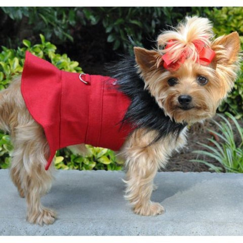 Wool Blend Red Faux Fur Collar Classic Dog Harness Coat with matching Leash