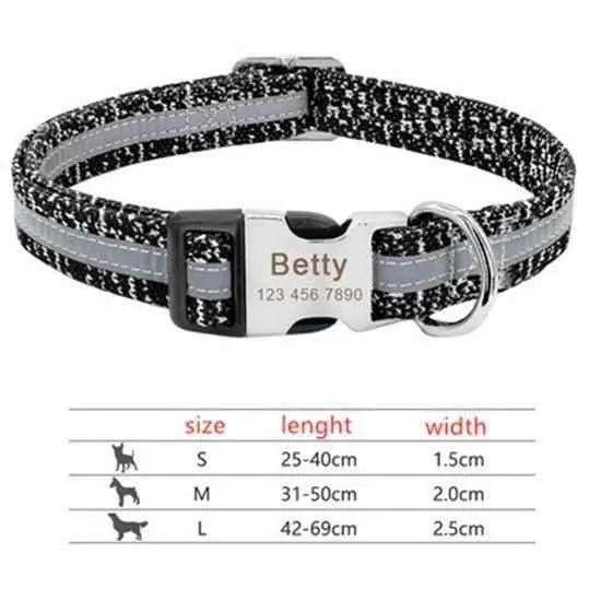 Personalized pet ID collar by Purrfect Pet Kingdom in black with reflective strip and engraved name tag