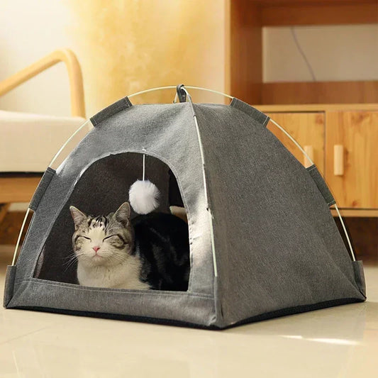 Tail Chasers removable pet tent bed for cats with a cozy design and playful hanging toy