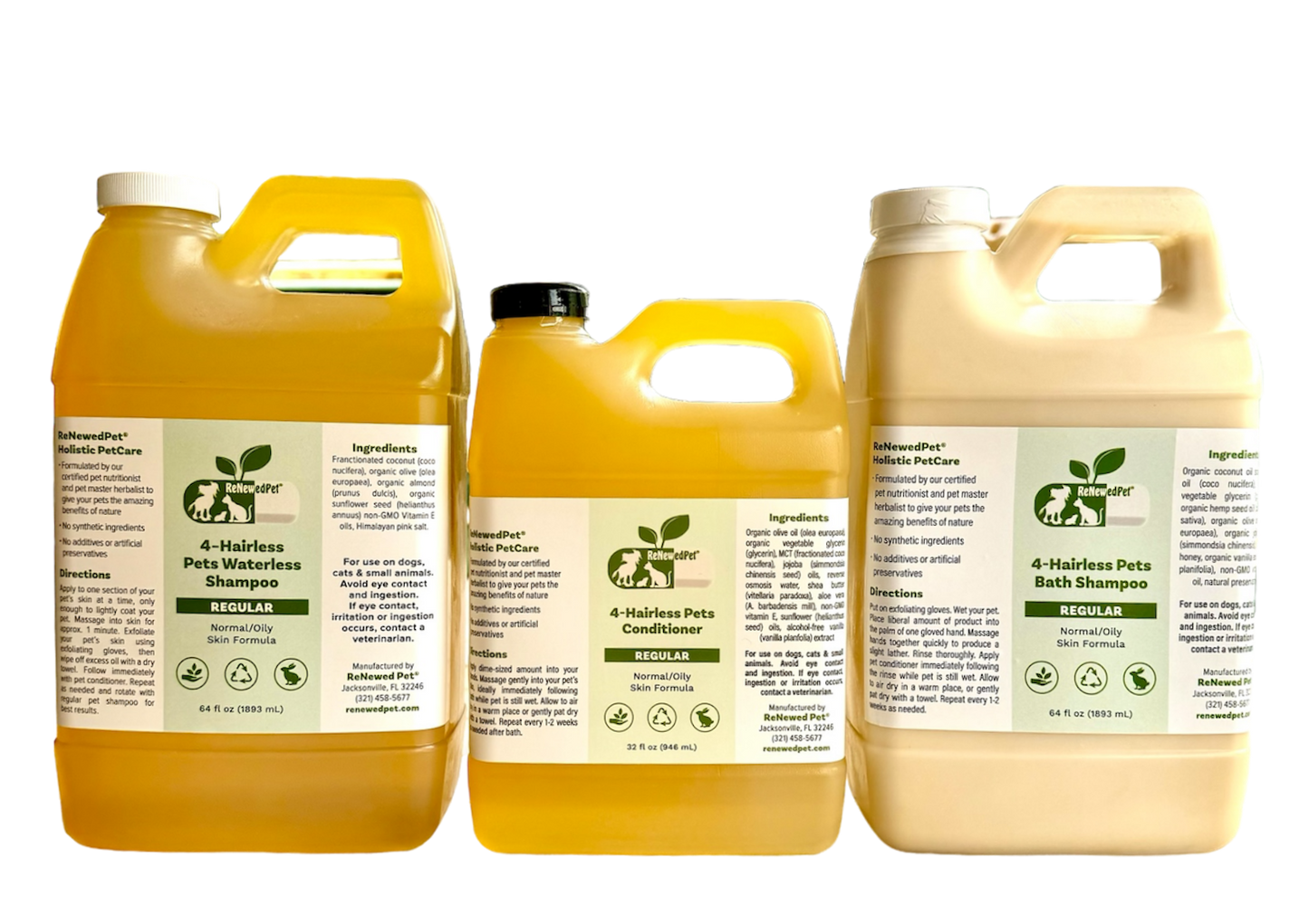 ReNewedPet hairless pet shampoo and conditioner kit with three large bottles for versatile grooming