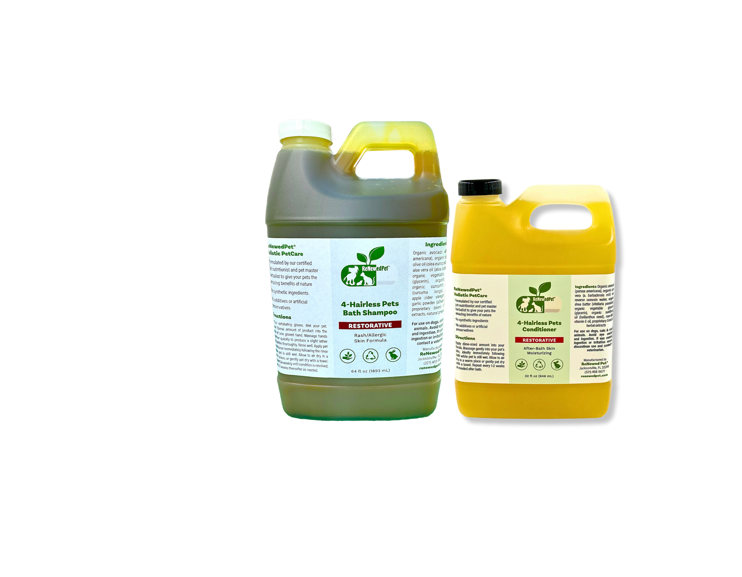 ReNewedPet moisturizing bath care for hairless dogs in large and small bottles for effective grooming