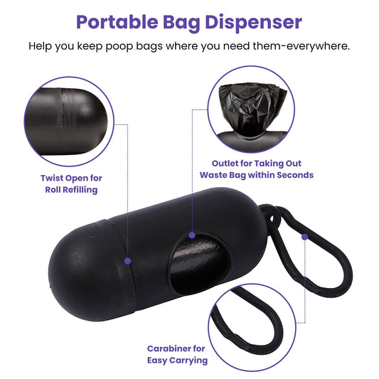 Portable bag dispenser for dog waste bags with carabiner for easy carrying and quick access