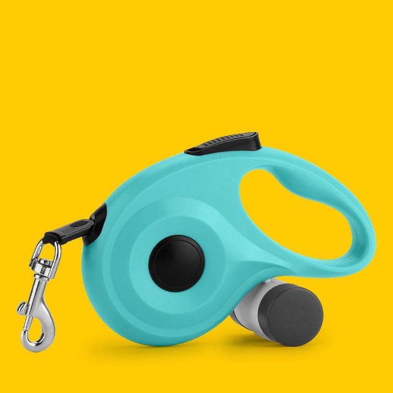 Purrfect Pet Kingdom retractable dog leash with poop bag holder in turquoise with black and silver hardware
