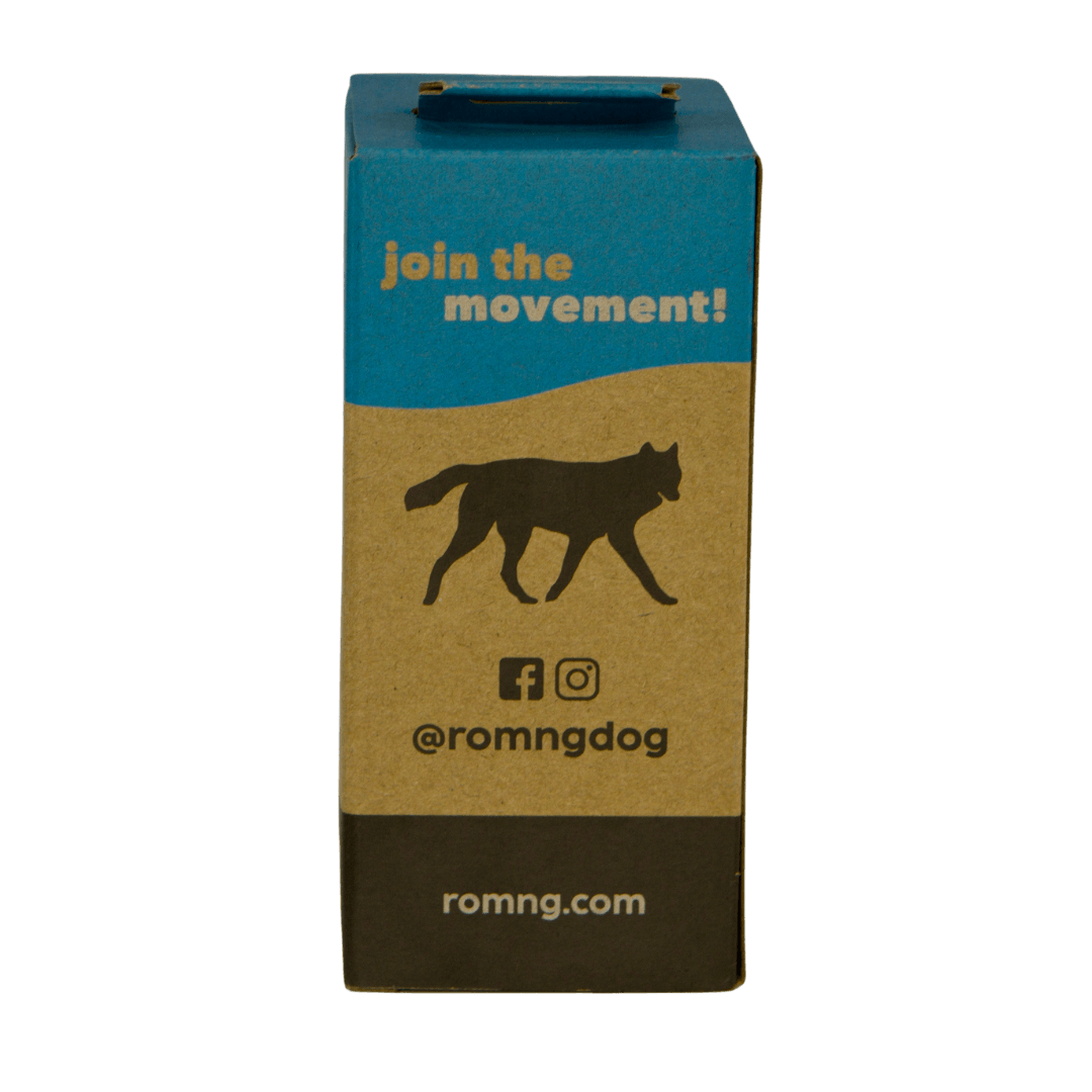 rōmng dog poop bags packaging designed for eco-friendly pet waste disposal