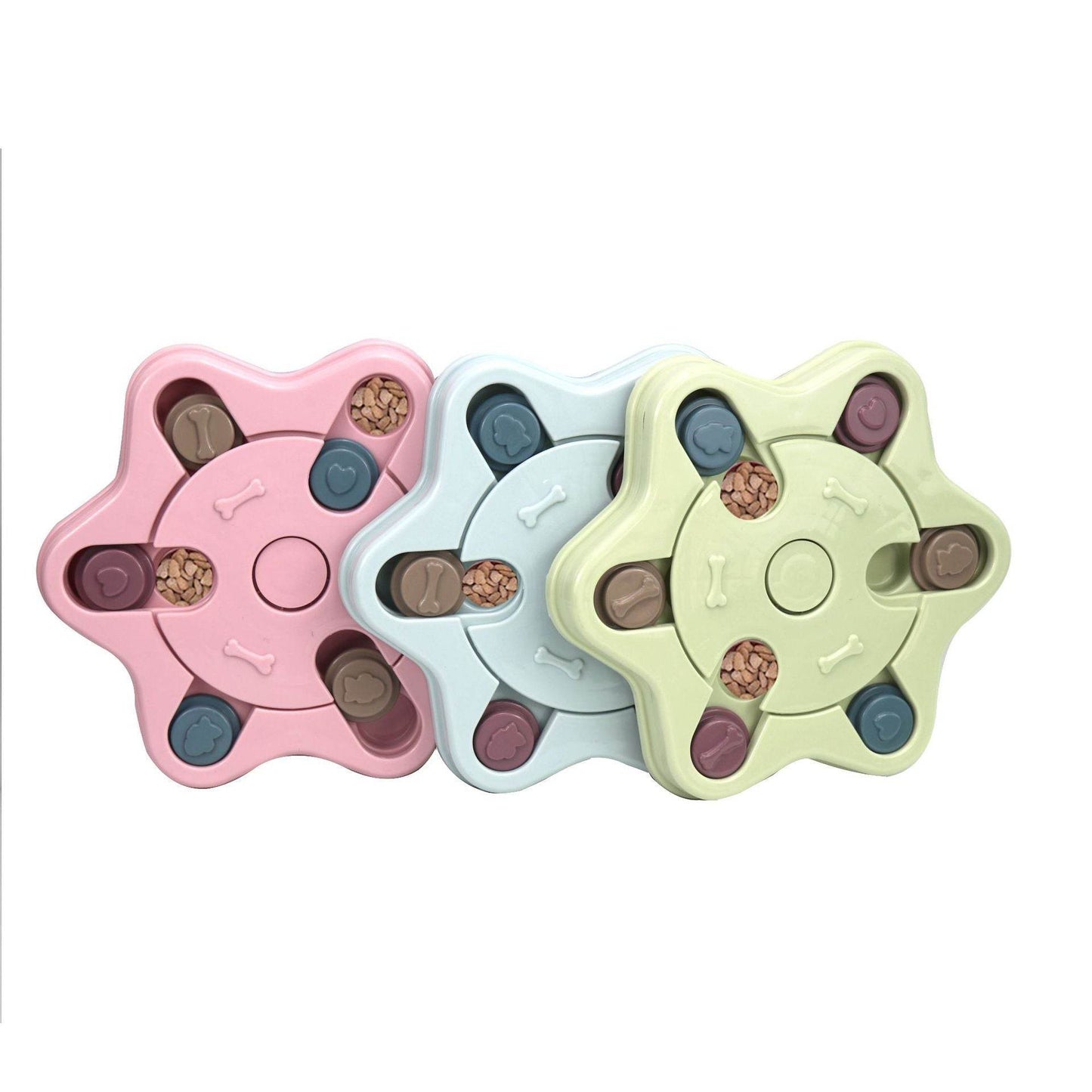 Purrfect Pet Kingdom slow feeder toy for dogs in pink blue and green interactive puzzle design