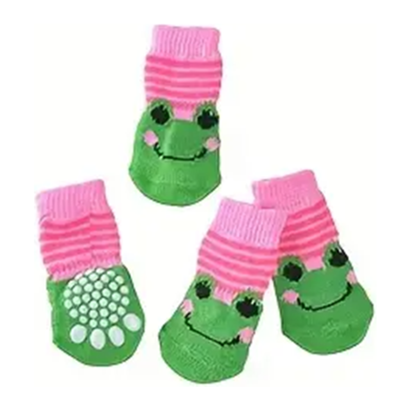 Smiling Frog Pink and Green Non-Skid Bottom Warm Pet Socks - 4pc