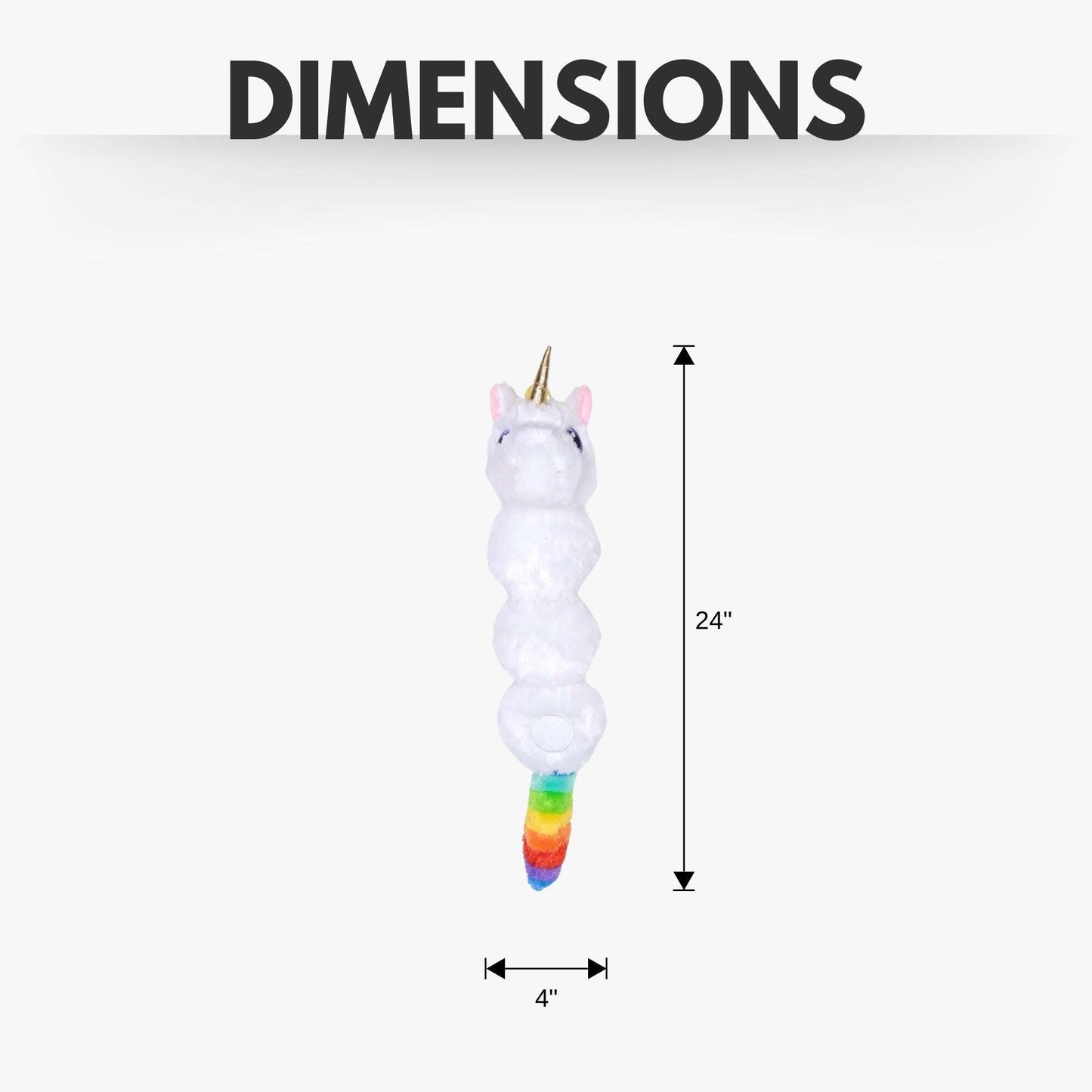 Soft unicorn dog chew toy with rainbow tail, 24 inches long and 4 inches wide for playful dogs