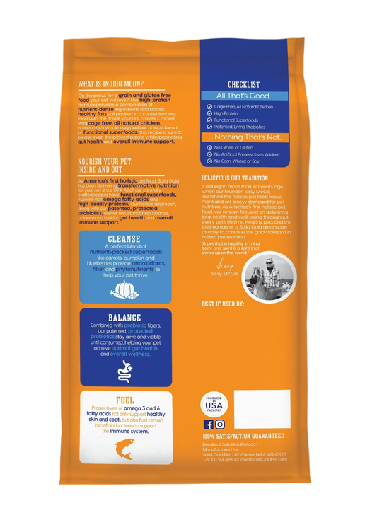 Solid Gold Indigo Moon cat food bag featuring nutritious ingredients for optimal feline health