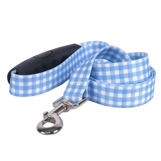 Southern Dawg Gingham Blue Premium Dog Leash by Hot Dog Collars, 3/4" wide with EZ Grip Handle, featuring a stylish blue g...