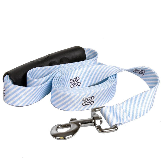 Southern Dawg Seersucker Blue with Skulls Premium Dog Leash by Hot Dog Collars, 3/4" wide with standard loop, featuring a ...