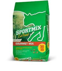 Sportmix Gourmet Mix Dry Cat Food by The Family Pet in a 15.0lb bag, featuring a colorful design ideal for cat nutrition.