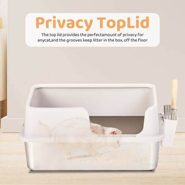 Purrfect Pet Kingdom stainless steel cat litter box with privacy top lid and high sides for cat litter containment