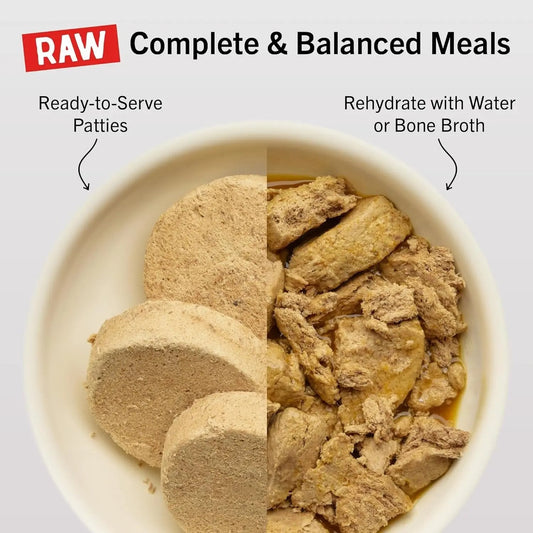 K9 Outdoors freeze dried raw dog food beef in ready-to-serve patties and rehydrated form