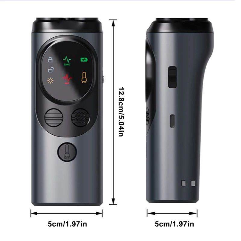 Purrfect Pet Kingdom stop dog barking tool with compact design and LED display showing function icons