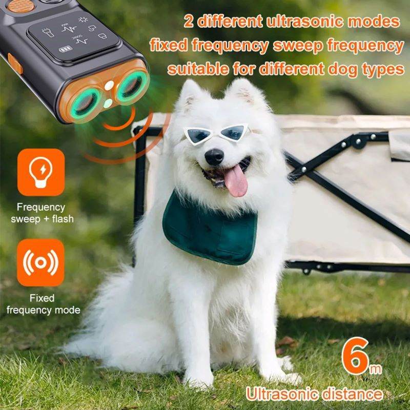 Purrfect Pet Kingdom stop dog barking tool with ultrasonic modes shown near white dog wearing sunglasses