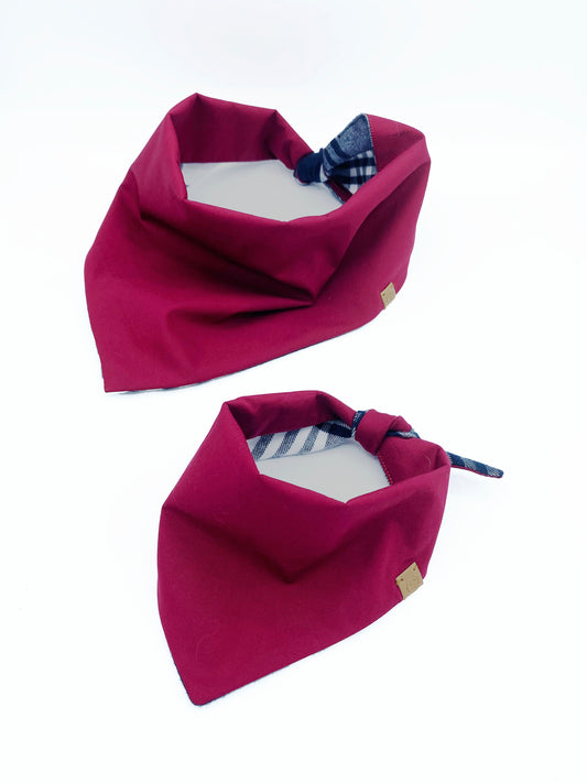 Set of two stylish cat bandanas in maroon with a stylish plaid accent for fashionable pets