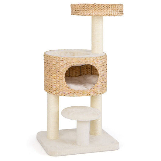 Stylish cat condo for indoor cats with multiple levels and soft bedding for comfort