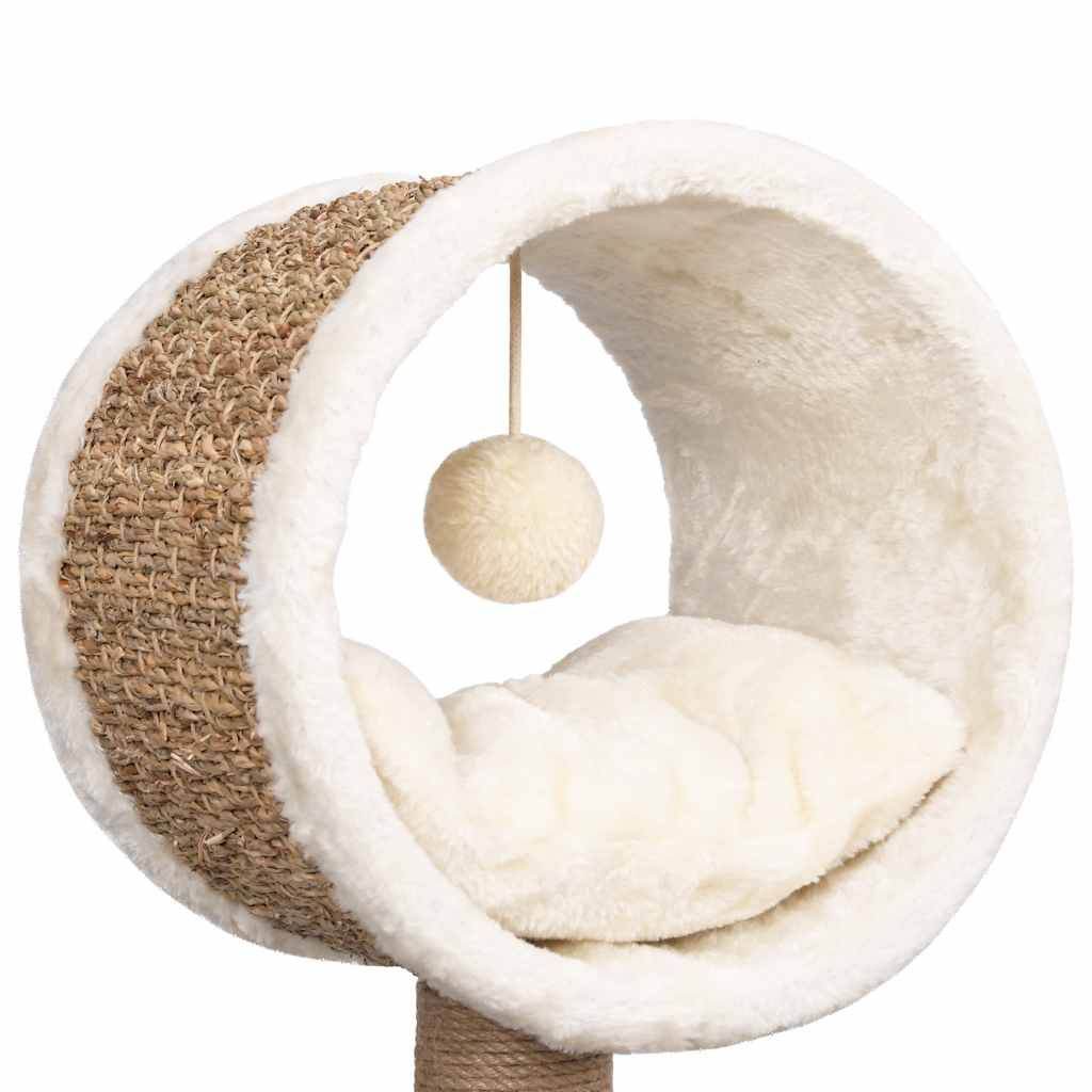 Stylish cat tree with scratching post featuring a cozy plush hideout and hanging ball toy