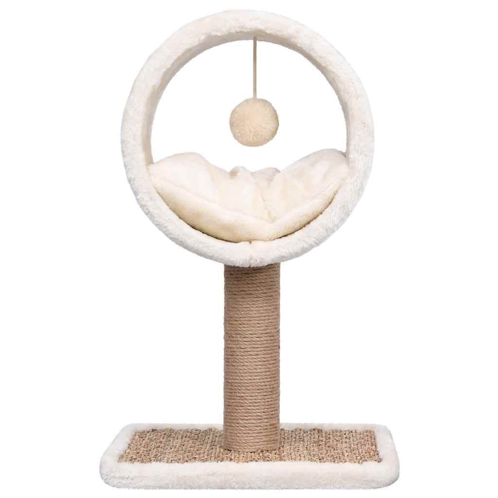 Purrfect Pet Kingdom stylish cat tree with scratching post in beige with cozy circular bed and hanging toy