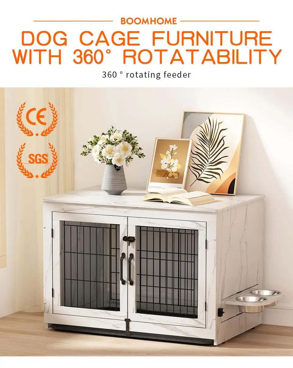 Stylish pet furniture dog kennel with 360 rotating feeder and marble finish for modern homes