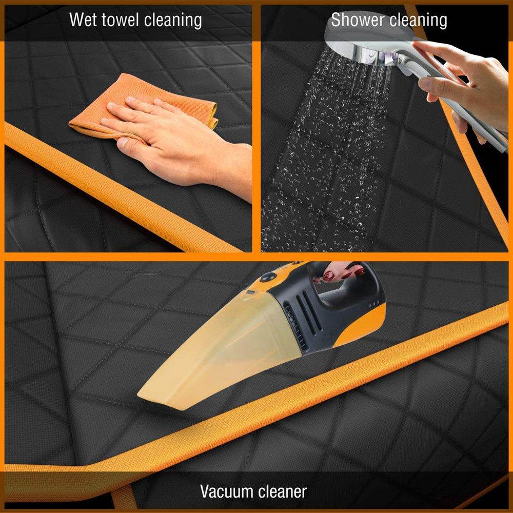 SUV dog cargo protector mat being cleaned with wet towel, shower spray, and vacuum cleaner for easy maintenance