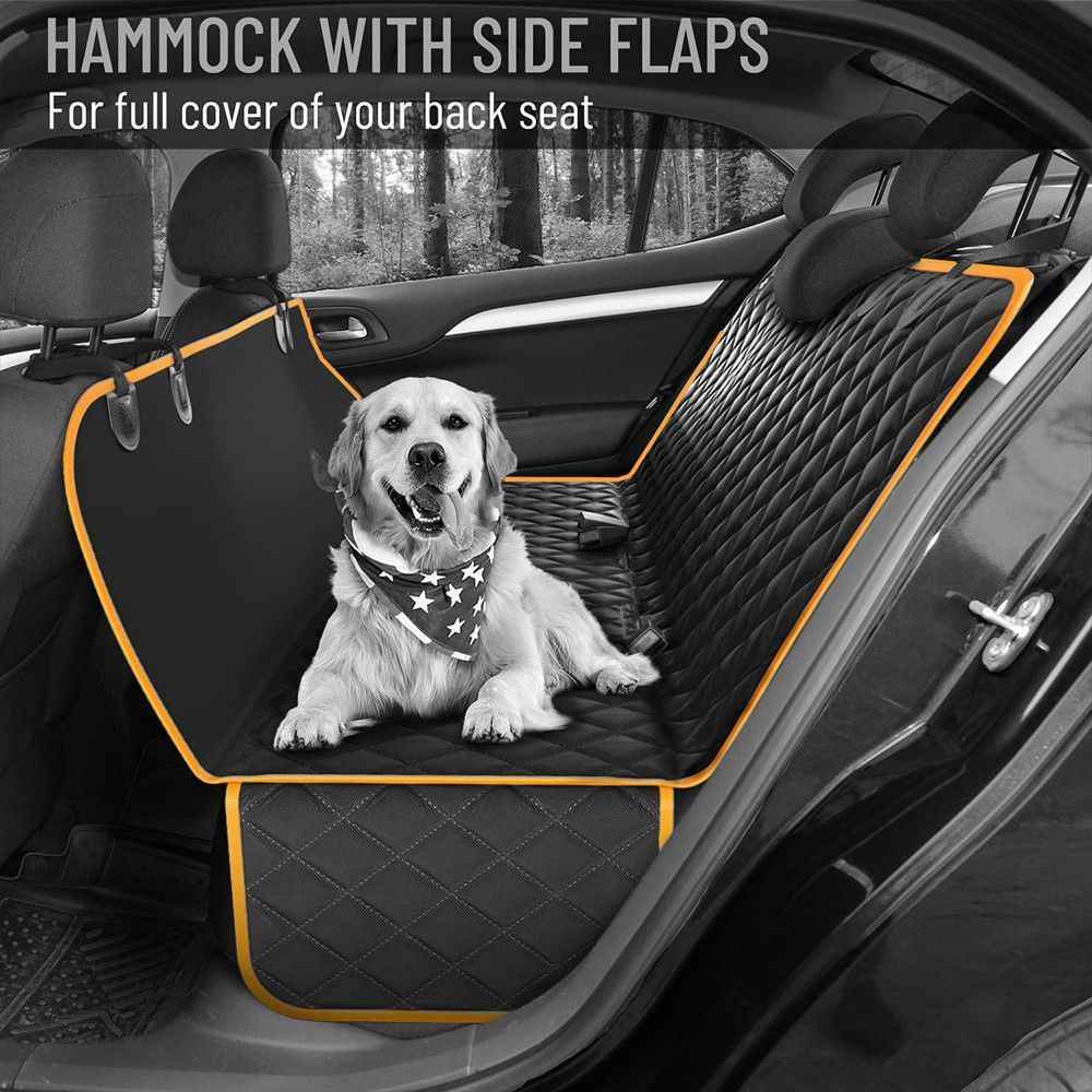 Purrfect Pet Kingdom SUV dog cargo protector mat hammock with side flaps covering back seat with golden retriever