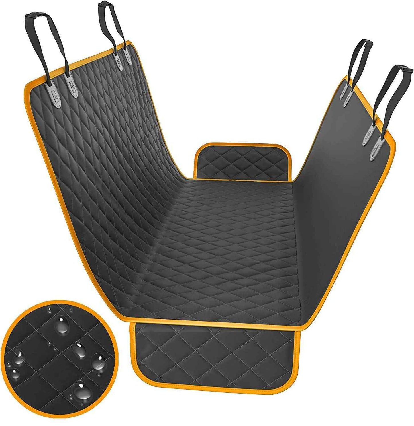 Purrfect Pet Kingdom SUV dog cargo protector mat in black with orange trim and adjustable straps