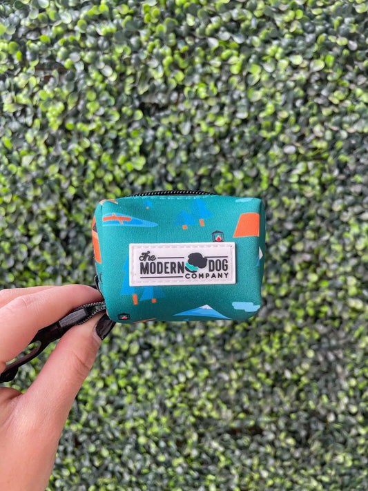 Camping Print Poop Bag Holder by The Modern Dog Company, featuring a fun camping design, priced at $12.99.