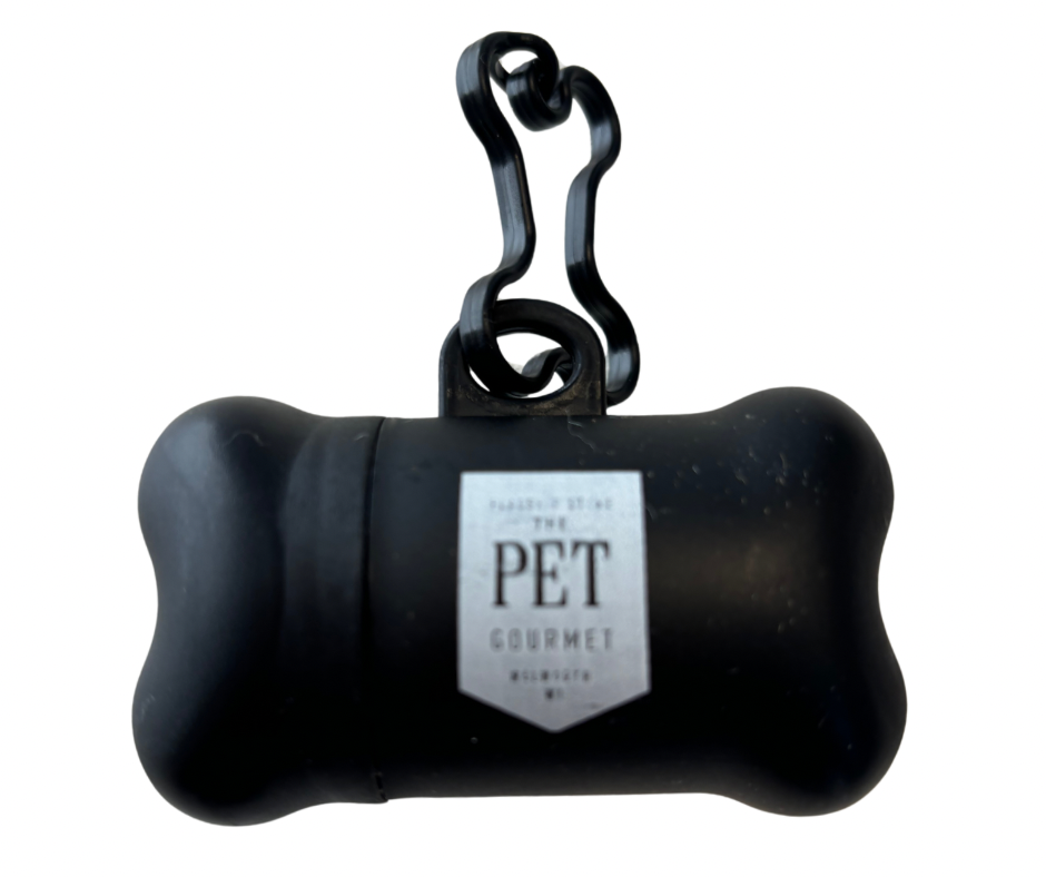Black pet waste bag holder for leash by The Pet Gourmet with a bone-shaped design
