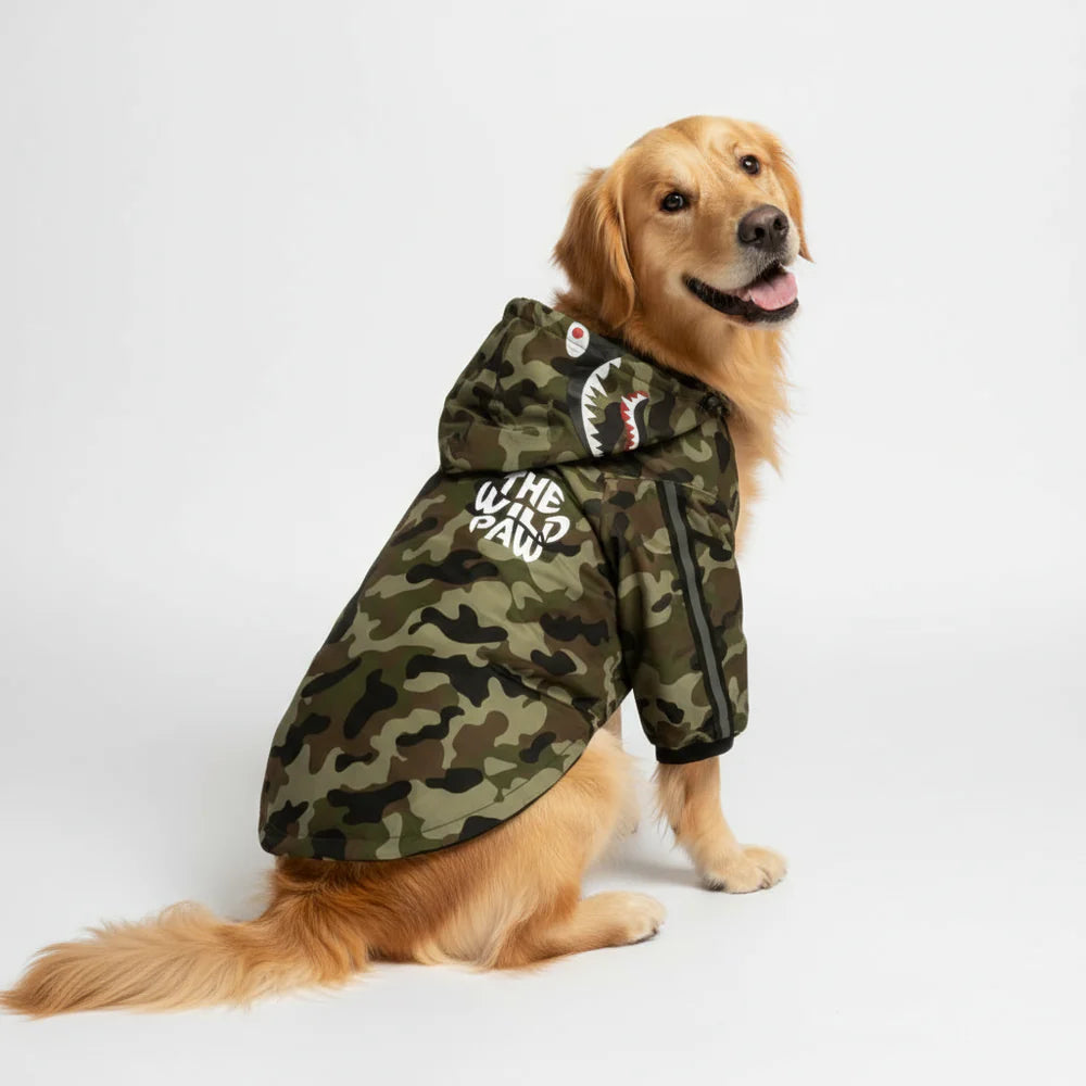 Camo dog windbreaker jacket by The Wild Paw with a playful design and cozy fit for rainy days