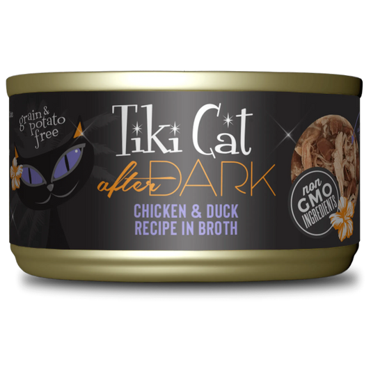 Tikicat Adult After Dark Chicken and Duck in Broth, 2.8oz by The Family Pet, featuring a rich broth in a vibrant packaging.