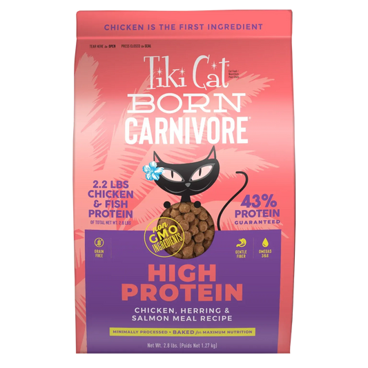 Tikicat Adult Born Carnivore Chicken, Herring and Salmon Dry Kibble 2.8lb by The Family Pet, featuring a vibrant bag design.