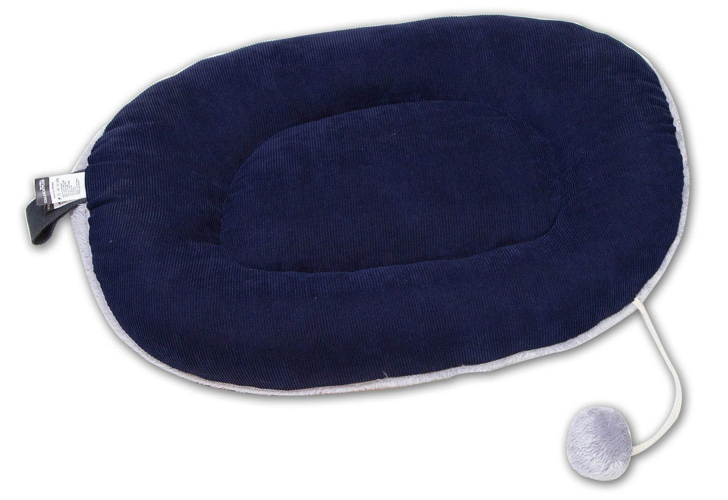 Premium Cat Bed in navy blue with soft cushioned oval design and attached plush pom pom toy