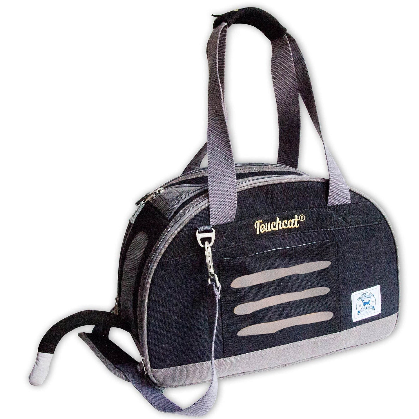 Stylish cat travel bag by Purrfect Pet Kingdom in black and gray with shoulder straps and breathable design