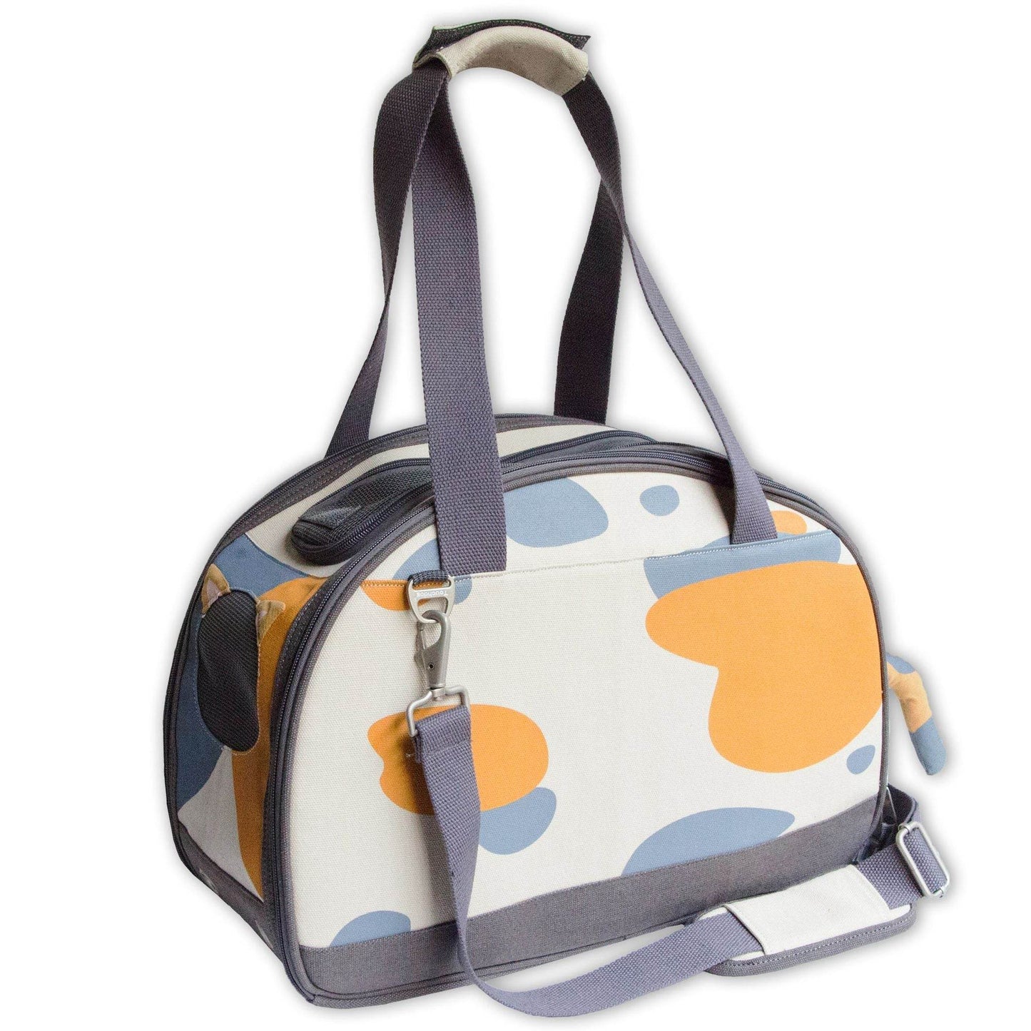 Purrfect Pet Kingdom stylish cat travel bag with abstract orange and blue spots and gray straps