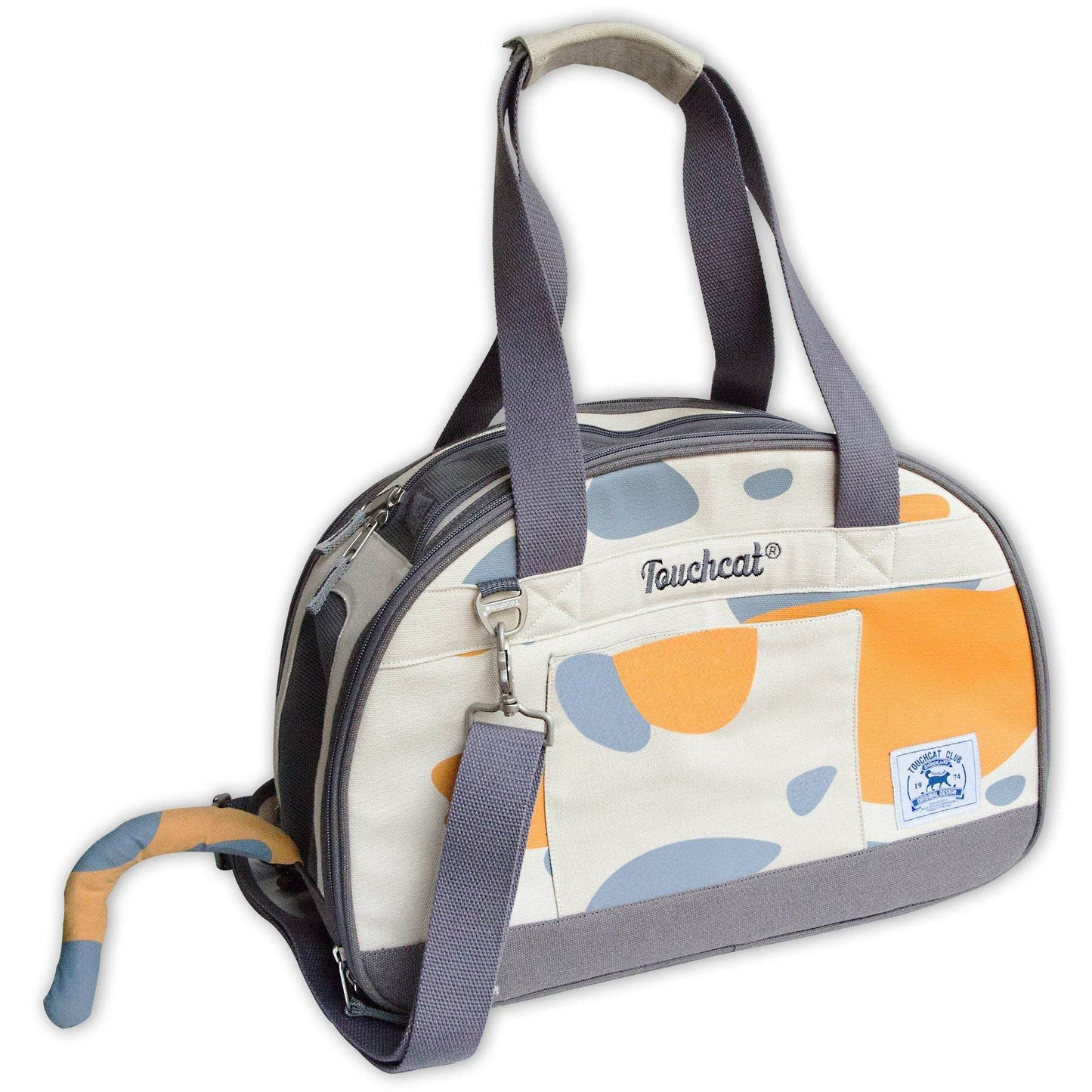 Stylish cat travel bag by Purrfect Pet Kingdom in beige with orange and blue spots and sturdy gray handles