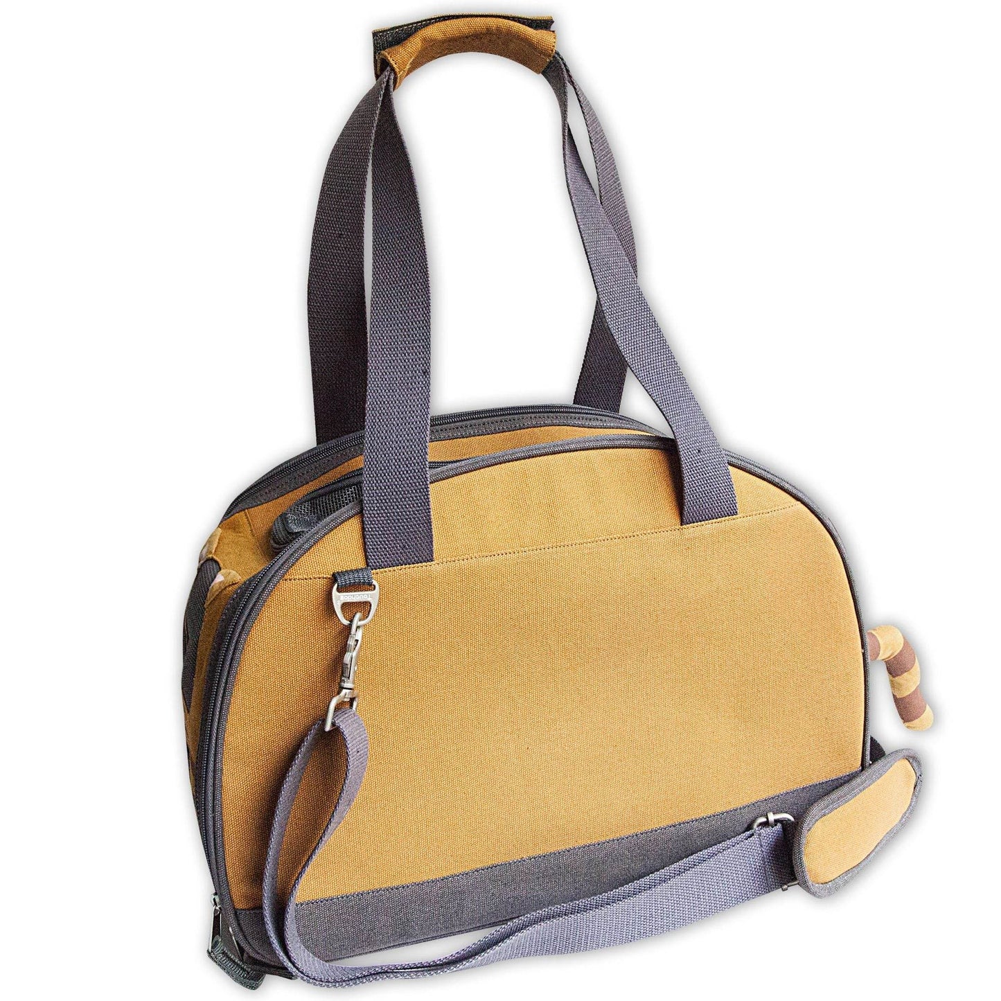 Stylish cat travel bag by Purrfect Pet Kingdom in tan with gray straps and multiple carrying options