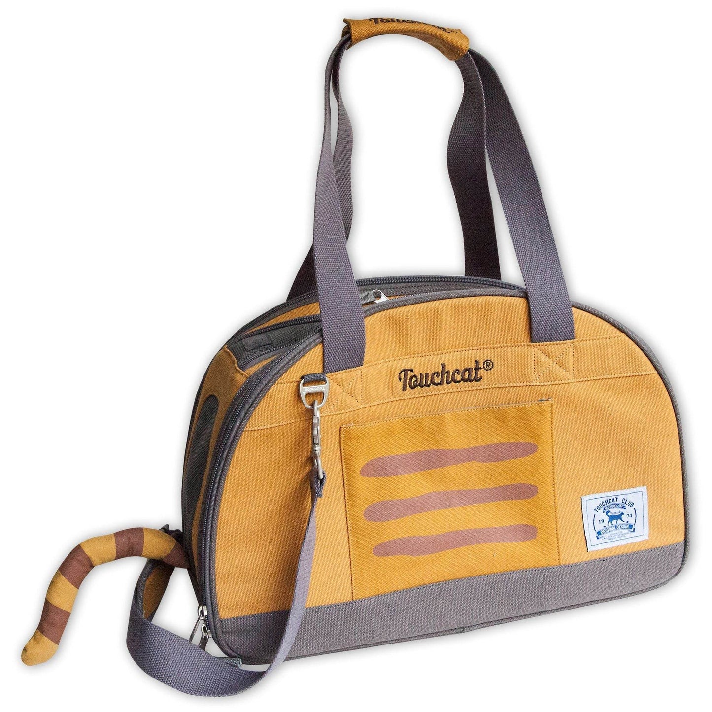 Purrfect Pet Kingdom stylish cat travel bag in mustard yellow with gray straps and side ventilation