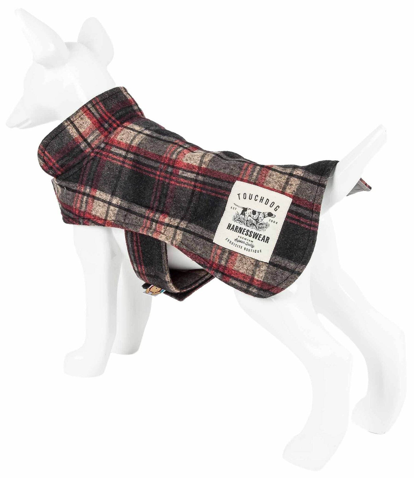 Purrfect Pet Kingdom dog travel mat and jacket combo in red and black plaid on dog mannequin